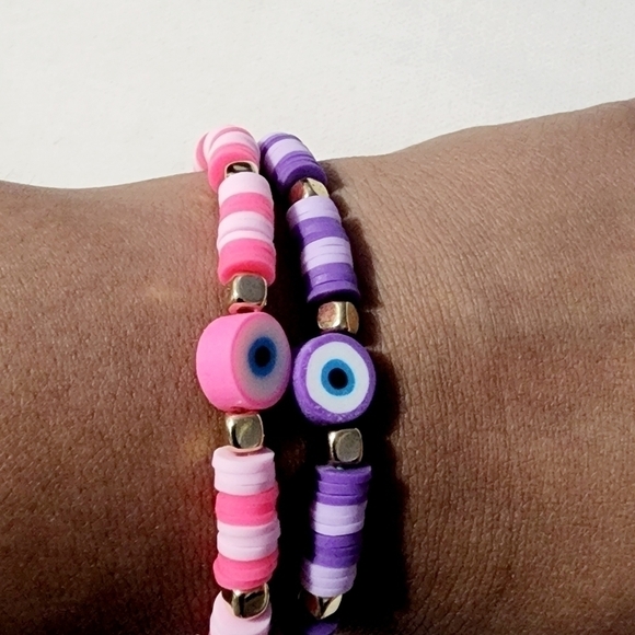 𝅺evil Eye Charm Bracelet Stretch Bracelets Set of 2pc - Picture 1 of 7